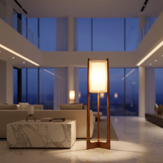 Lorvali rustic Japanese-style LED floor lamp with burlywood wood stand and double fabric and plastic shades.
