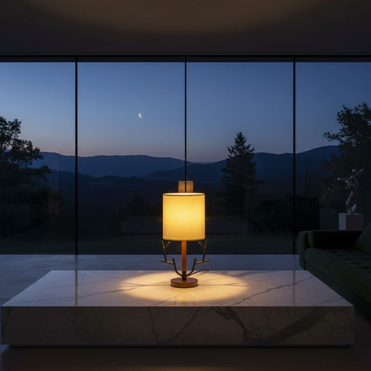 Lorvali vintage rustic table lamp with a tree branch base and fabric drum shade glowing on a marble table at night.