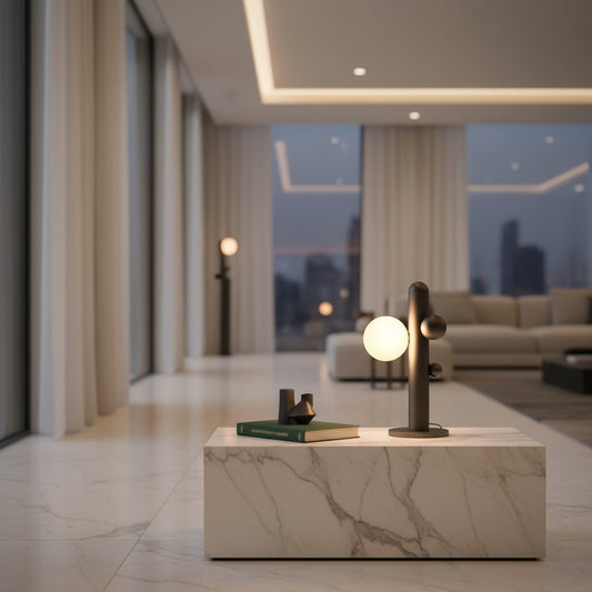 Lorvali Saguaro Totem Table Lamp with matte black finish and glowing frosted glass sphere on a marble table
