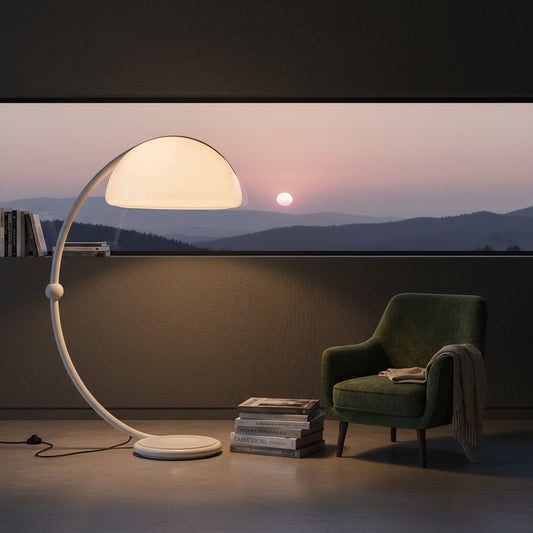 Lorvali Serpente floor lamp in white iron and acrylic with a curved arm, set in a modern room with a sunset view.