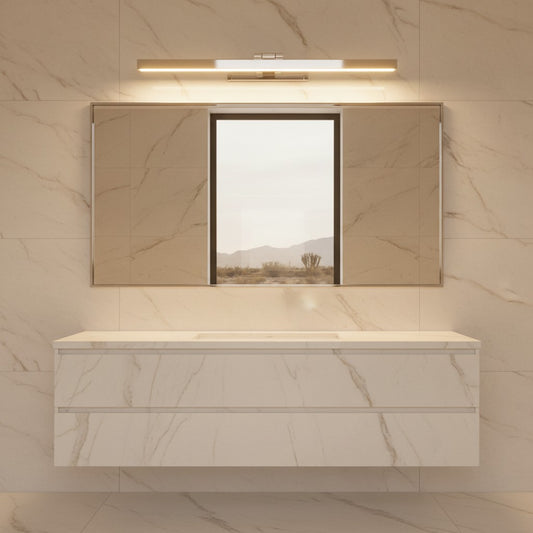 Lorvali modern silver LED vanity light bar mounted above a bathroom mirror with marble wall tiles.