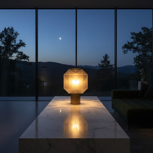 Lorvali modern table lamp with a smoke gray cubo glass shade and cylinder base, glowing on a marble table at night.