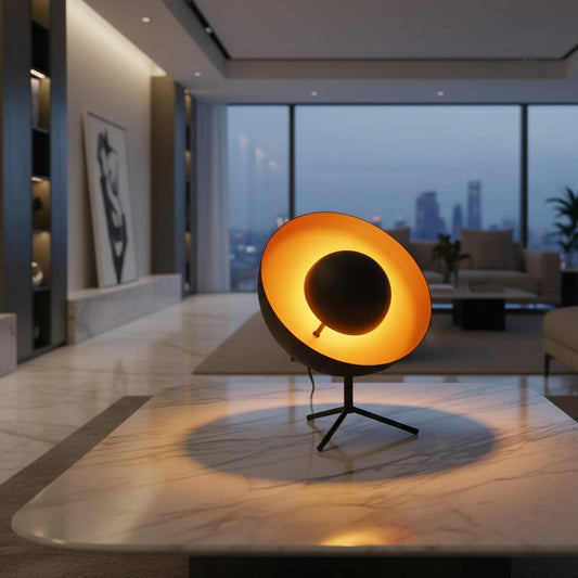 Lorvali Solis Tripod Table Lamp with a sand black exterior and glowing sand gold interior on a marble table