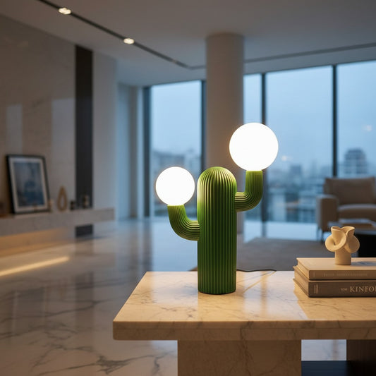 Lorvali Sonora fluted green resin cactus table lamp with two glowing opal glass globes on a marble side table.
