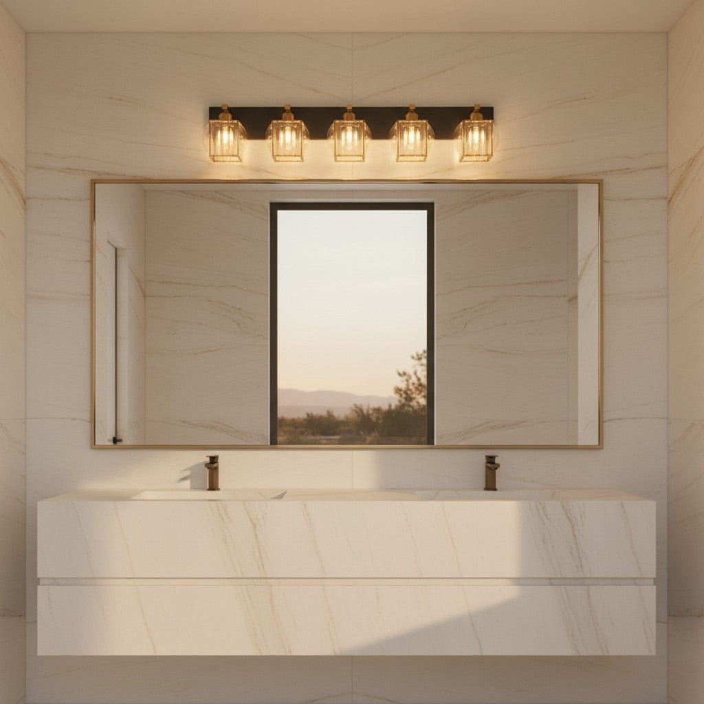 Lorvali 5-light square crystal wall lamp with black and gold metal finish mounted above a bathroom vanity mirror.