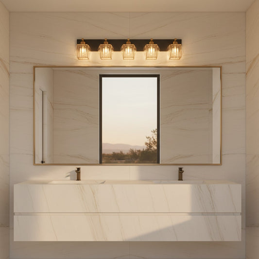 Lorvali 5-light square crystal wall lamp with black and gold metal finish mounted above a bathroom vanity mirror.