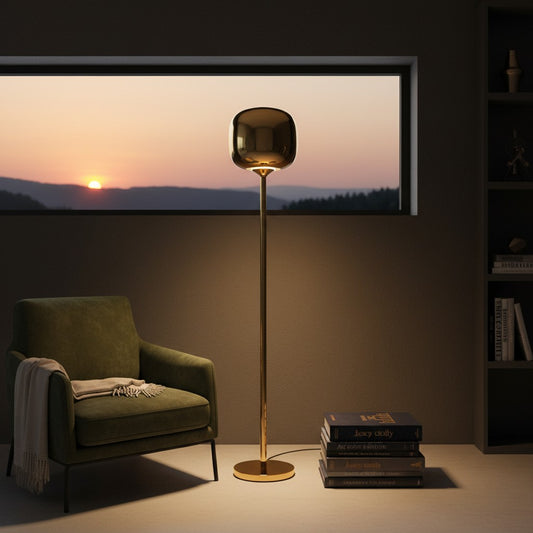 Lorvali Sunset Glass Floor Lamp in gold finish with integrated LED, standing beside a green armchair at sunset.