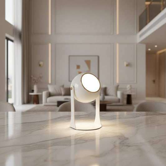 Lorvali Svejk white modern table lamp with a spherical head and integrated LED on a marble surface in a living room.