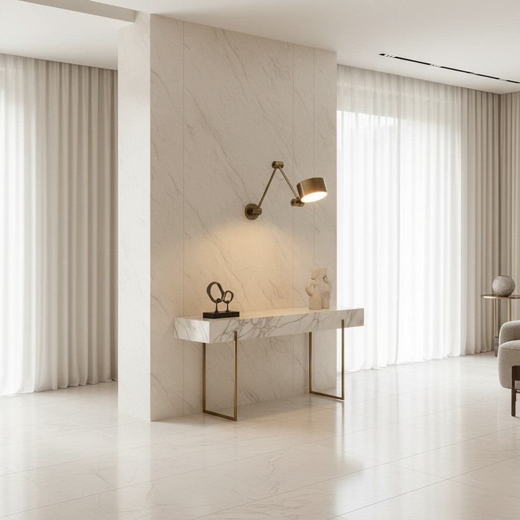 Lorvali swing arm wall sconce in nickel finish mounted on a marble wall above a matching console table in a bright room