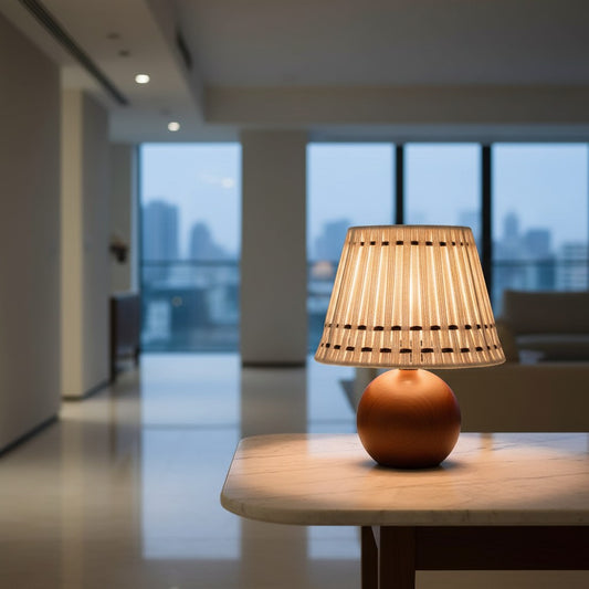 Lorvali Tatume Woven Table Lamp with a walnut wood sphere base and white cotton thread shade on a marble table.