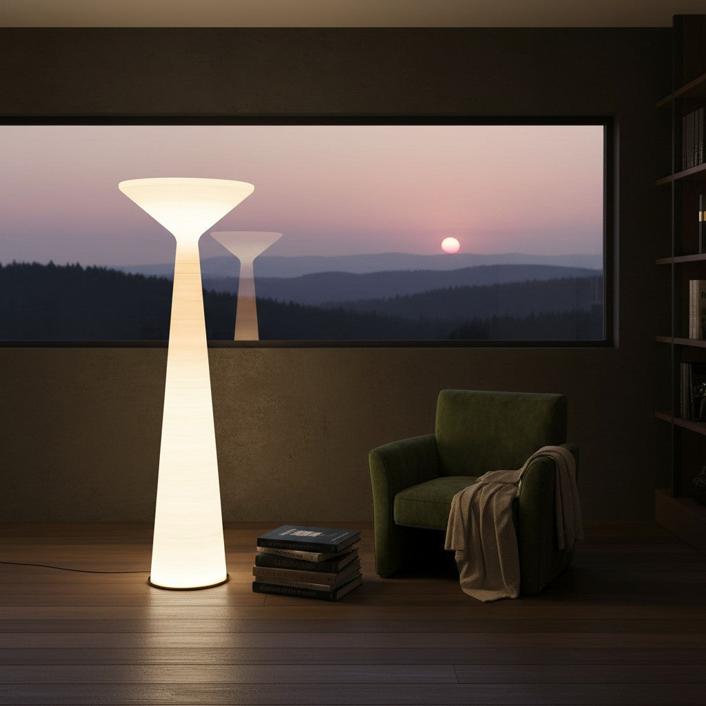 Lorvali Tebe white modern floor lamp with a textured column design, glowing in a cozy living room at sunset.