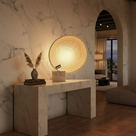 Lorvali Tempo Table Light with a shield-shaped rattan shade, metal frame, and travertine base on a marble console.
