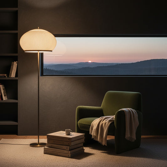 Lorvali textured dome lantern floor lamp with a beige fabric shade in a cozy living room with a green armchair.