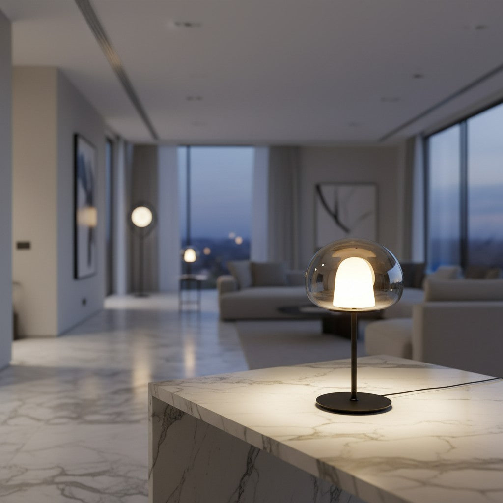 Lorvali Thea table lamp with a smoke gray glass dome shade and integrated LED on a marble surface in a modern living room