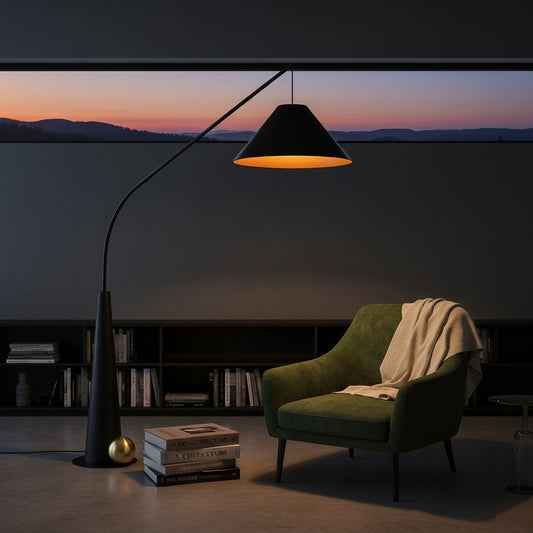 Lorvali Tiper cantilever floor lamp with a black iron frame and conical shade beside a green armchair at sunset