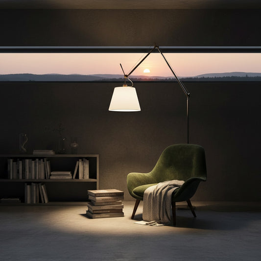 Lorvali Tolomeo swing arm floor lamp with a white shade and silver finish, positioned over a green lounge chair.