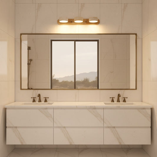Lorvali vanity bar light sconce with natural travertine shades and wood base mounted above a bathroom mirror