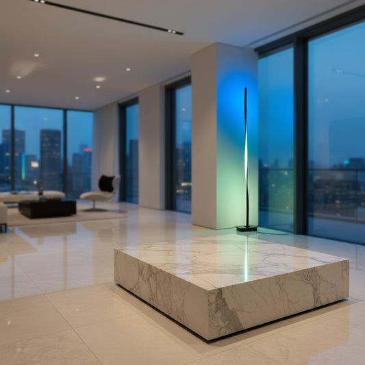 Lorvali 49-inch black aluminum twisted LED floor lamp with colorful RGB lighting in a modern high-rise living room.