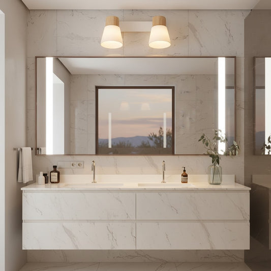 Lorvali two-light rotatable wall sconce with white glass cones and rubber wood accents above a modern bathroom mirror.