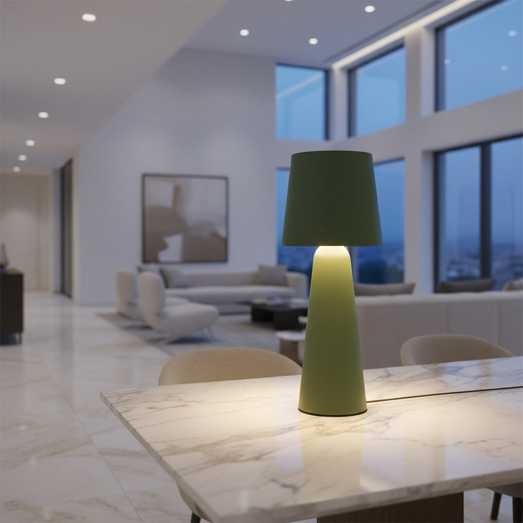 Lorvali Villeroy modern green aluminum rechargeable table lamp with a conical base on a marble dining table