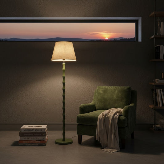 Lorvali Vincent Joint floor lamp with a green bamboo-style iron stem and textured fabric shade in a cozy living room.