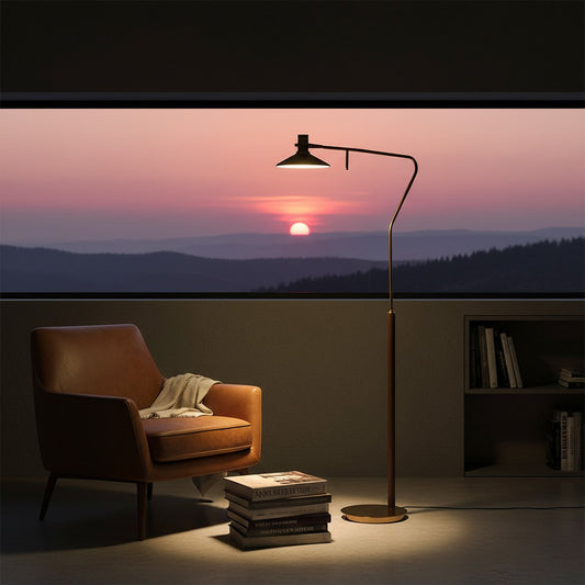 Lorvali vintage gold floor lamp with adjustable head and white shade in a cozy reading nook at sunset