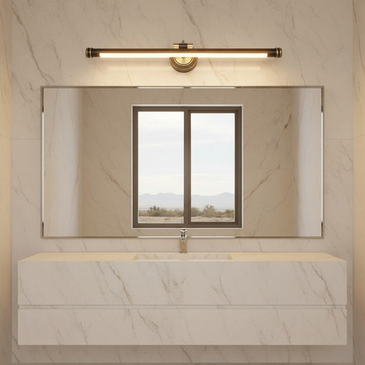 Lorvali vintage linear LED vanity light in brushed gold and black mounted above a bathroom mirror on marble wall