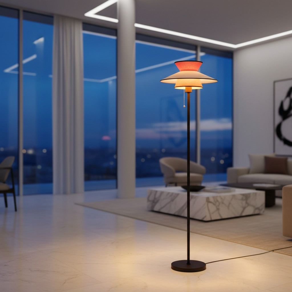 Lorvali vintage floor lamp with a tiered orange and white shade and pull chain in a modern living room at night.
