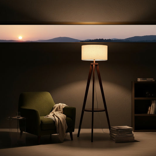 Lorvali tripod floor lamp with walnut wood base, circular shelf, and white drum shade in a cozy living room setting.