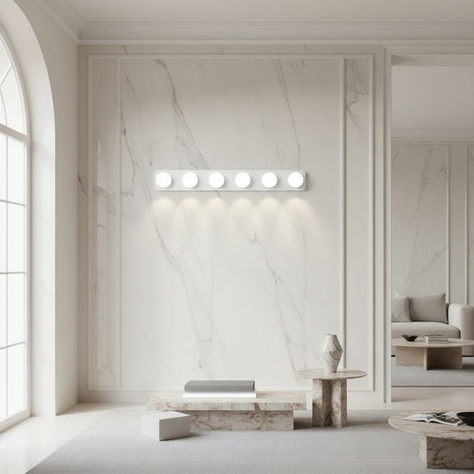 Lorvali modern white 6-head LED wall sconce with spherical bulbs mounted on a marble wall in a minimalist living room