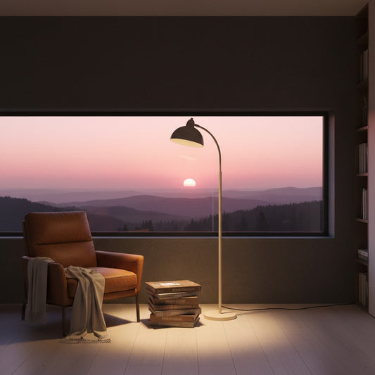 Lorvali white arc floor lamp with dome shade beside a leather armchair in a modern room overlooking a sunset view.