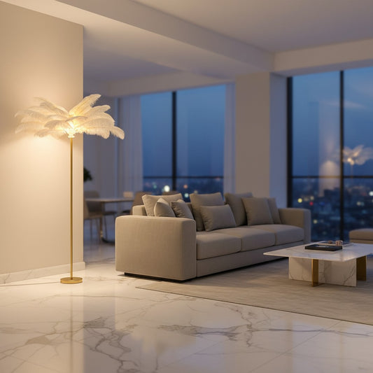 Lorvali white ostrich feather floor lamp with a gold iron stem in a modern living room with a grey sofa.