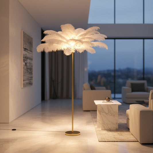 Lorvali white ostrich feather floor lamp with a gold iron stem in a modern living room with warm ambient lighting.