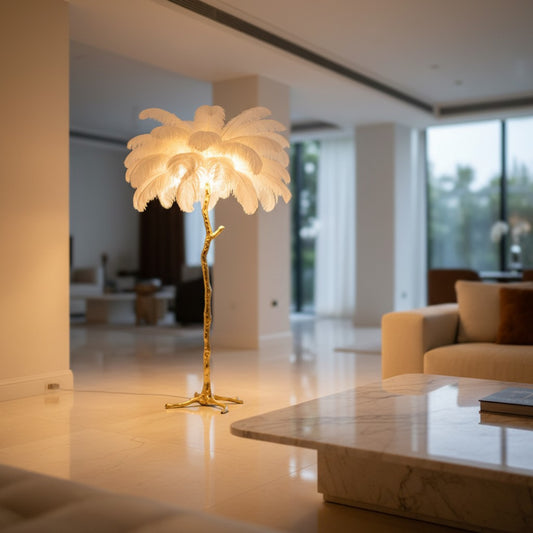 Lorvali decorative floor lamp with white feathers and a gold branch-style iron base in a modern living room.