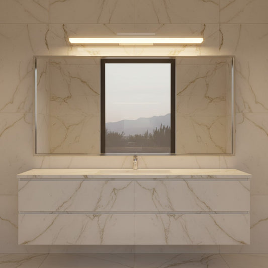 Lorvali minimalist white LED vanity light bar mounted above a modern bathroom mirror with marble wall tiles