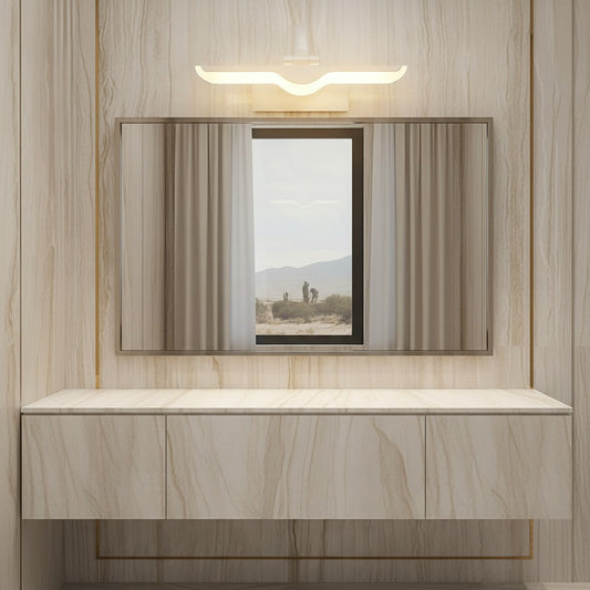 Lorvali modern white LED bathroom vanity light mounted above a mirror with an adjustable acrylic shade