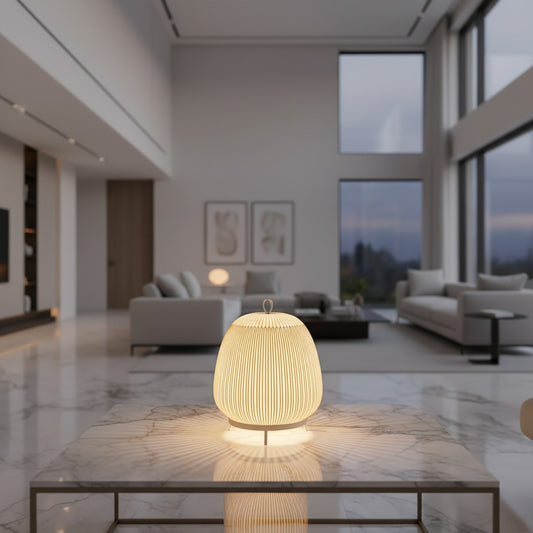 Lorvali white textured dome lantern table lamp with a soft ambient glow on a marble coffee table in a modern living room
