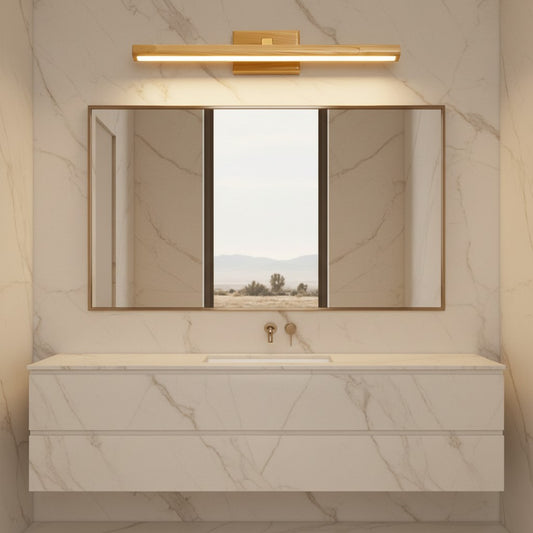 Lorvali Japanese style rotatable wood and brass LED vanity light mounted above a bathroom mirror with marble walls