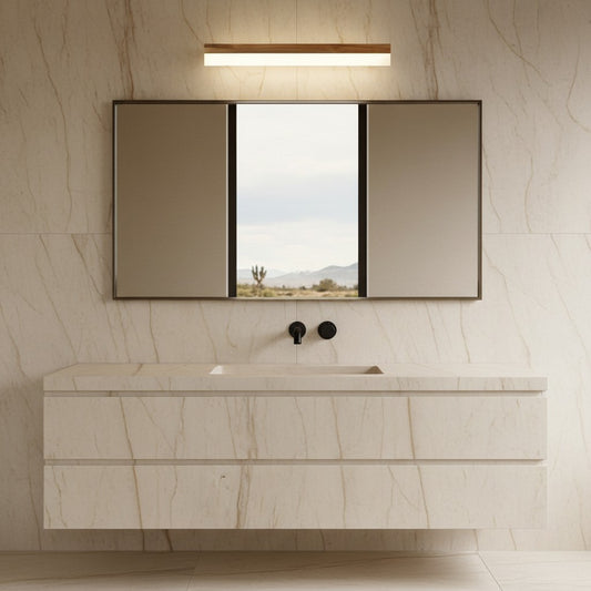Lorvali modern rectangular LED vanity light with natural wood grain and plastic shade mounted above a bathroom mirror.