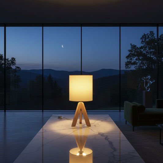 Lorvali 15-inch modern tripod table lamp with a natural rubber wood base and white linen drum shade on a marble table.