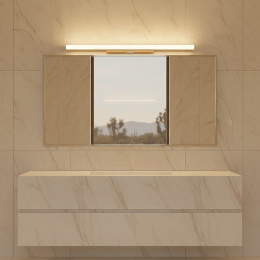 Lorvali modern rectangular wooden LED vanity light mounted above a bathroom mirror with warm illumination.