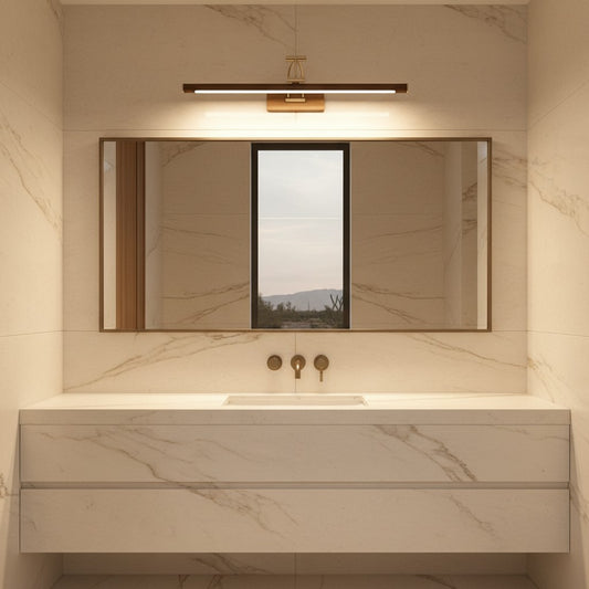 Lorvali bathroom vanity light bar with woodgrain finish and motion sensor mounted above a modern marble mirror