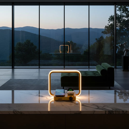 Lorvali yellow 3-in-1 LED bedside lamp with wireless charging base and RGB light modes on a marble surface.