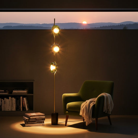 Lorvali Zelima modern floor lamp with green glass shades and gold accents in a cozy living room at sunset.