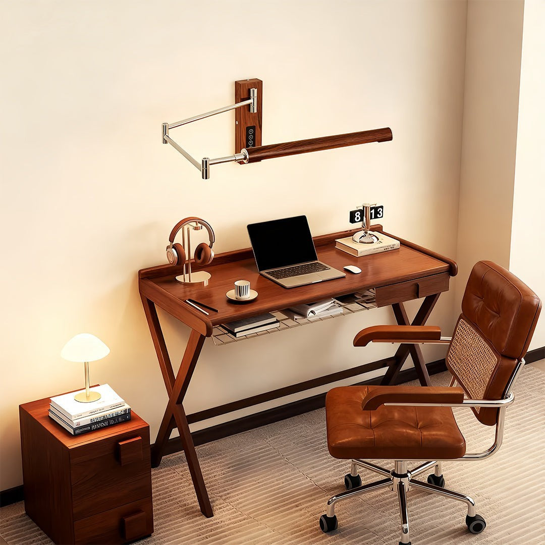 Mid-Century Iron Walnut Swing Arm Wall Sconce | Eye-Protecting LED