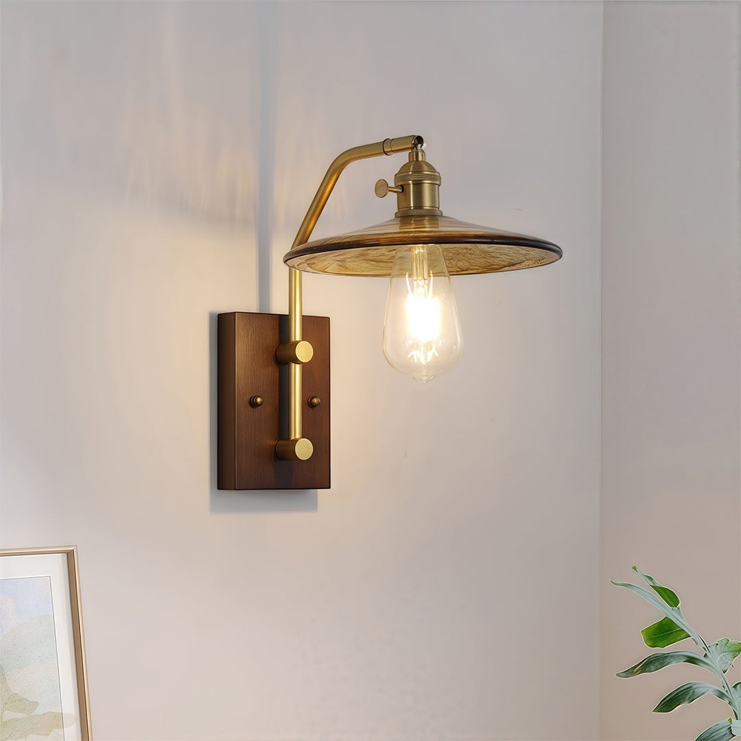 Japanese Retro Rubberwood & Iron Wall Light | E27 Three-Color Glass